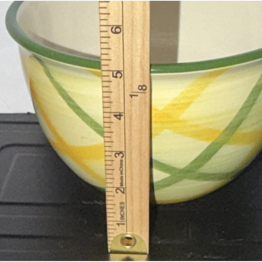 Vintage Vernonware Authentic Plaid Ceramic Bowl, Green/Yellow/Cream 8in USA 1955